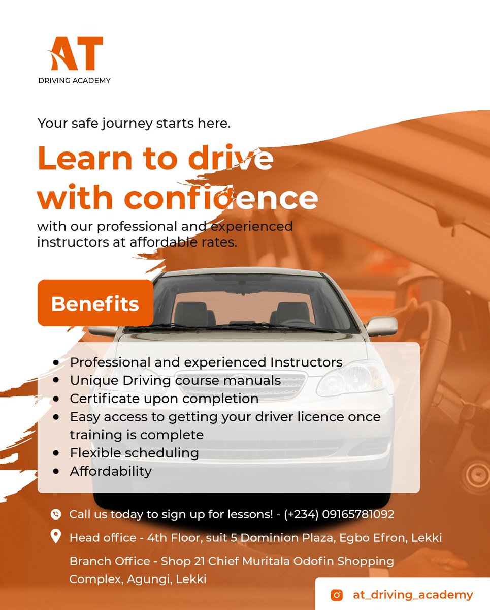mobilityguru_'s tweet photo. Register to learn how to drive if you live around these addresses.
Prices are affordable and flexible.
You can also process your driver licenses and vehicle paper registration.
Drive smart, safely and learn defensive driving skills.
#driving
#DriveImpact
#trends
#lagos https://t.co/tIS2qCGnDY