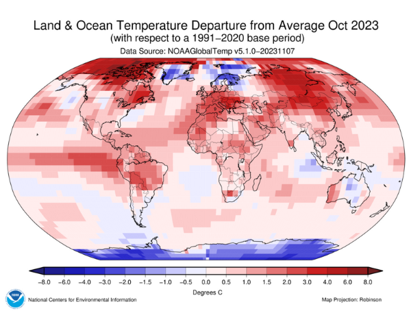 More than 99% chance of 2023 as warmest year on record, says <a href="/NOAA/">NOAA</a>.
Jan-Oct record warm. 
October ocean surface temperatures record high for 7th straight month. 
Antarctic sea ice record low for 6th straight month.
WMO #StateofClimate 2023 report will be released at #COP28