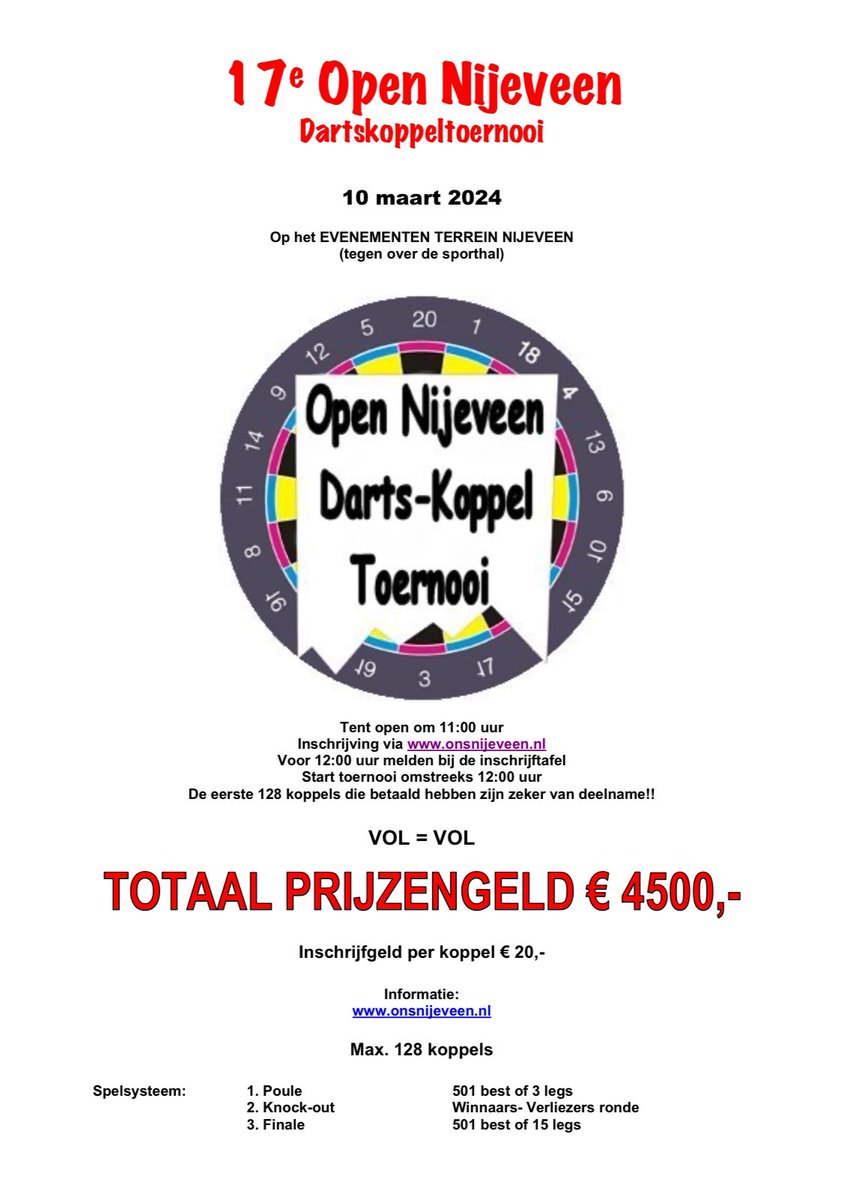 De inschrijving van het 17e Open Nijeveen is geopend! Ga naar onsnijeveen.nl en schrijf je in. Betaal meteen en voorkom teleurstelling! Tot ziens op 10 maart 2024!