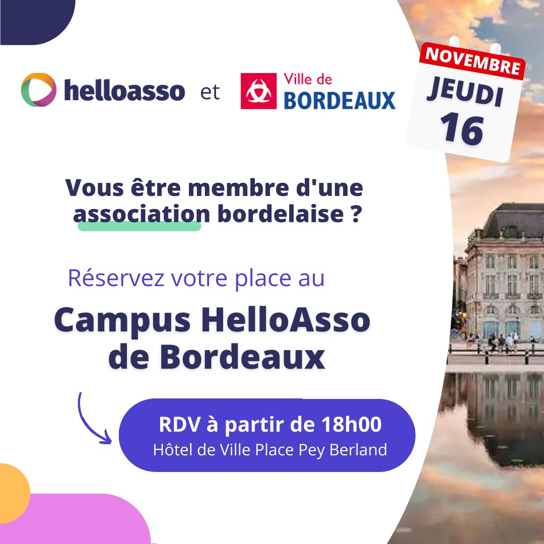 🔜 Le prochain Campus HelloAsso, c'est :

📌 Demain, jeudi 16 Novembre
⏰ dès 18h30
➡️ Salon de l’Hôtel de Ville, à Bordeaux

Pour rencontrer Grégoire de OHME 👱🏼 et la fameuse équipe d'<a href="/helloasso/">HelloAsso</a> 🕺🏻🕺🏻
✅ Réservez vite votre place, c’est gratuit !
helloasso.com/associations/h…