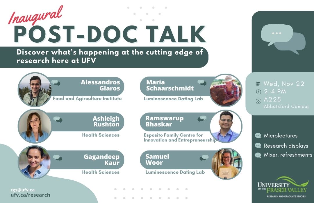 NEXT WEEK, NOV 22 | Meet UFV's six postdoctoral fellows as they each present a 5 minute microlecture on their cutting edge work here at UFV. Research displays and refreshments will be available.

@goufv <a href="/DrMandigoUFV/">Dr. James Mandigo</a> <a href="/UFVscience/">UFVscience</a> <a href="/UFVhealth/">UFV Health Sciences</a> <a href="/ufvsasi/">South Asian Studies Institute</a> <a href="/ufvARTS/">UFV ARTS</a> <a href="/UFVbusinfo/">UFV Business School</a> <a href="/UFV_FECHD/">Education, Community, & Human Development @ UFV</a>