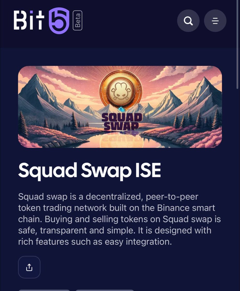 SquadSwap ISE is now live:

bit5.com/token/minting/…

Deposit Cake to get $SQUAD

More info : t.me/pancakesquadnft

Guys  use @squad_swap Treasury referral code. This fund is made to work for you, the Squad Holders.

Treasury code : 

🚨
751700062175
🚨

#SquadSwap #bnb  #DEX