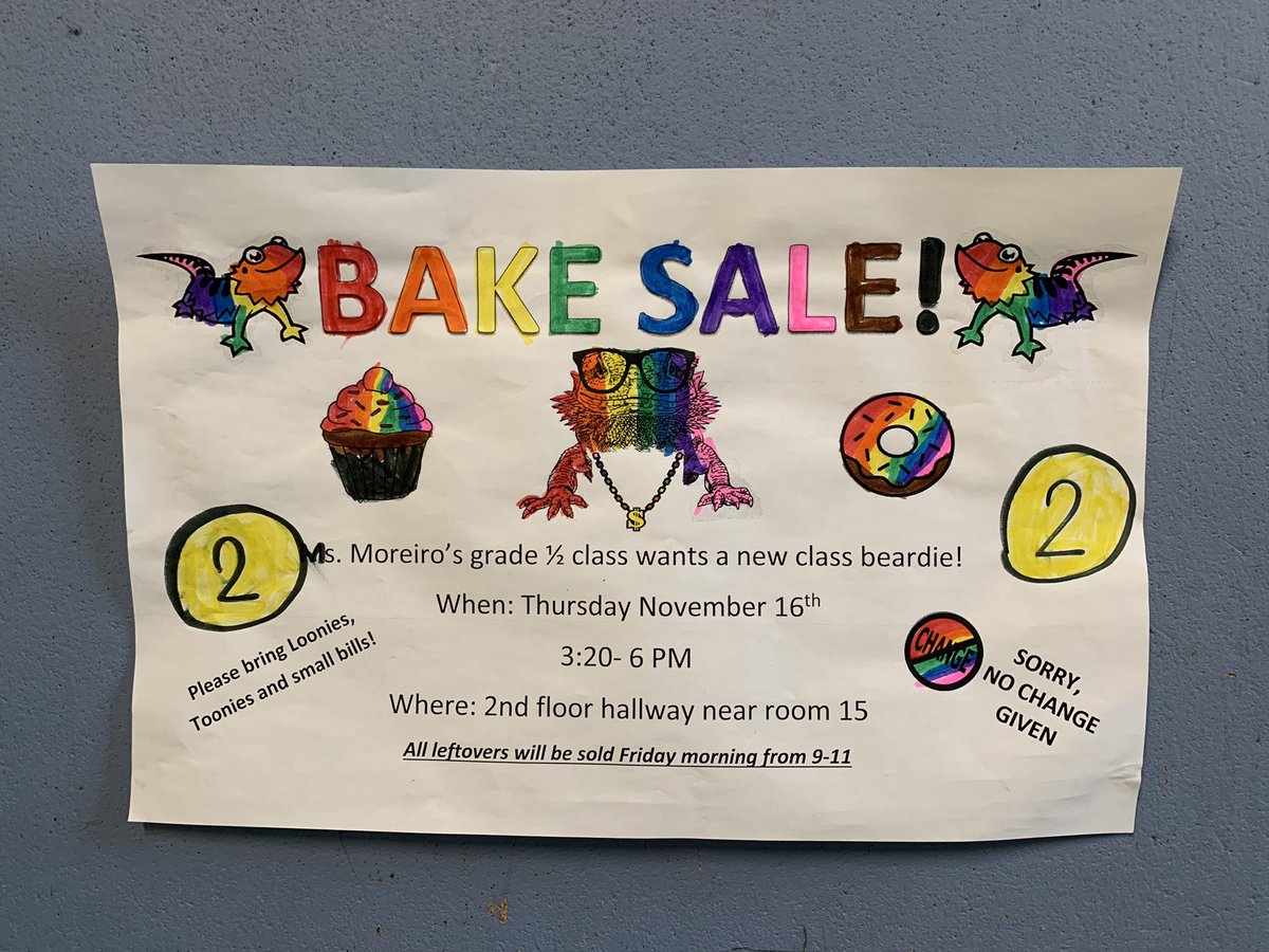 TDSB_BrockPS's tweet photo. Come support Room 15 as they raise funds for a new classroom bearded dragon!! 🧁🎂🍩 Please bring coins and small bills! No change will be given

Bakon, you will be missed by all!🦎♥️

#bakesale https://t.co/3MpyGoMt1l