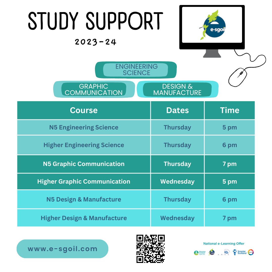 Teaching or studying Design and Manufacture, Graph Comm, or Engineering Science?
We’ve created this study support timetable with webinar details and a QR code for registration. Feel free to share!
e-sgoil.com/senior-phase/s…

#NeLO <a href="/EducationScot/">Education Scotland</a>