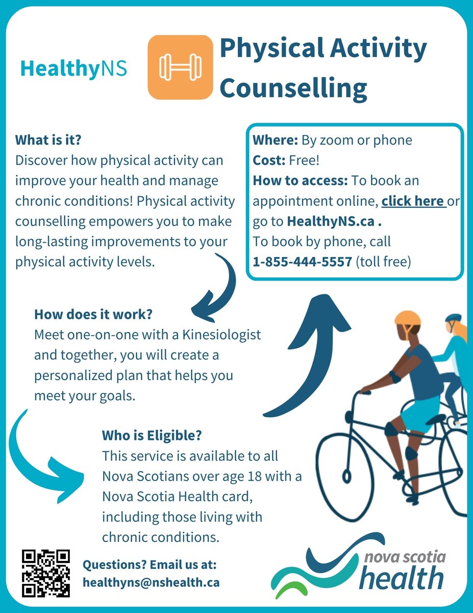 FREE Virtual Physical Activity Counselling Service for Nova Scotians Launches Today!

Meet 1:1 with a kinesiologist (virtually or by phone) to build a personalized plan to help you achieve your physical activity goals:

To sign up, visit: tinyurl.com/yyse9x8a