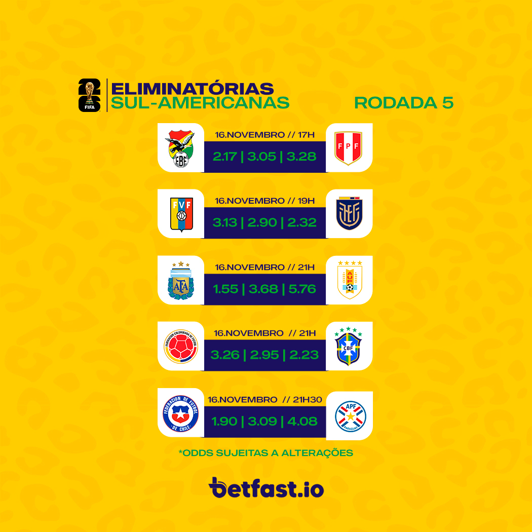 🇧🇷⬇⬆ Odds liberadas para a 5ª rodada das Eliminatórias Sul-Americanas! Em qual jogo vamos betar juntos? 🤑 #Betfast #Brasil #Eliminatórias