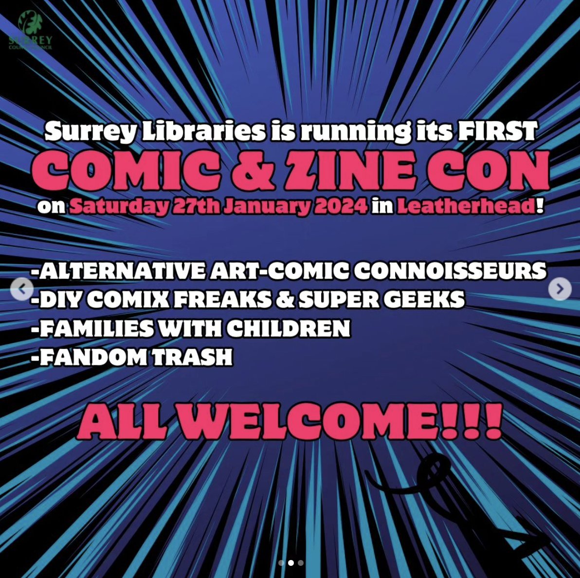comics creators! Surrey Libraries is running its FIRST ever Comic Con ALL DAY Saturday 27th January 2024 in Leatherhead! Contact them via their IG account if you'd like to join as a vendor. stalls are FREE to reserve 👀 full details here; instagram.com/p/CygHX0BN4o #comics