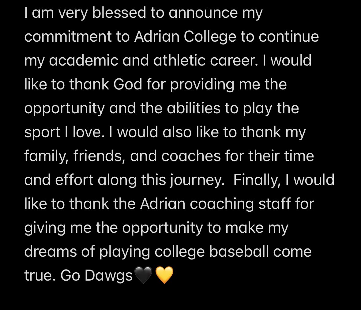 Committed! Go Dawgs! 💛🖤
<a href="/AdrianBaseball/">Adrian College Baseball</a> <a href="/PburgBaseball11/">Jacket Baseball</a> <a href="/T3Warhawks_Rua/">@T3Warhawks_Rua</a> <a href="/CoachAMendoza/">Anthony Mendoza</a> <a href="/IGRainey10/">Ivan G. Rainey IV</a>