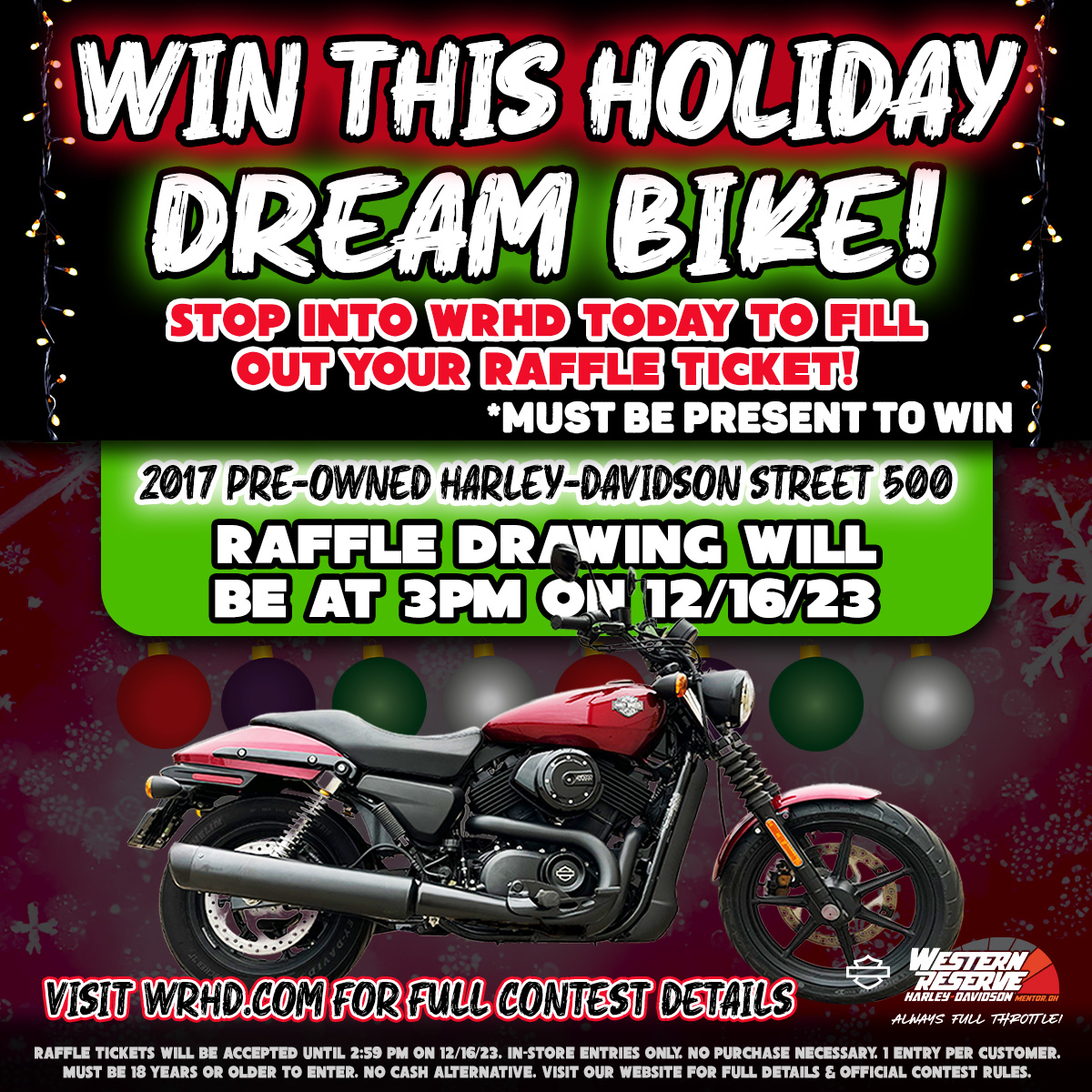 WRHD's tweet image. Your chance to win a '17 Street 500 is here! 🤩

No purchase needed.
1 entry per person.
Must be present to win.
Contest runs from 12-10-23 till 12-16-23 at 2:59 PM.

The official rules: westernreservehd.com/Our-Dealership…

#2017Street500Giveaway #WesternReserveHarleyDavidson #MentorOhio