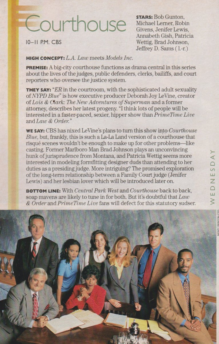 COURTHOUSE. 1995. 

Bob Gunton, Michael Learner, Robin Givens, Jenifer Lewis, Annabeth Gish, Patricia Wettig, Brad Johnson, Jeffrey D. Sams. #Courthouse #TVGuide