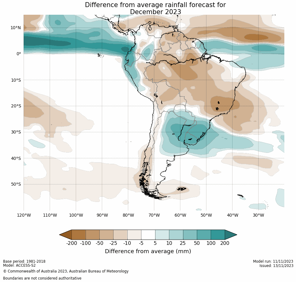 Mario___Ramirez's tweet photo. 15/11/23  Bureau of Meteorology  (Australia)
(Actualizado al 13/11/23)  

Mapa Sudamérica:
Pronóstico de Anomalía de Precipitación mensual para   Diciembre 2023 - Enero - Febrero 2024.    

https://t.co/39FFgr5aDi https://t.co/Ns2ZX04rtG
