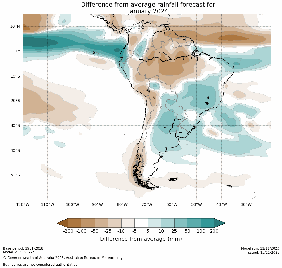 Mario___Ramirez's tweet photo. 15/11/23  Bureau of Meteorology  (Australia)
(Actualizado al 13/11/23)  

Mapa Sudamérica:
Pronóstico de Anomalía de Precipitación mensual para   Diciembre 2023 - Enero - Febrero 2024.    

https://t.co/39FFgr5aDi https://t.co/Ns2ZX04rtG