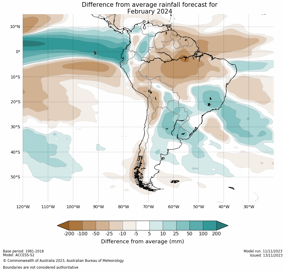 Mario___Ramirez's tweet photo. 15/11/23  Bureau of Meteorology  (Australia)
(Actualizado al 13/11/23)  

Mapa Sudamérica:
Pronóstico de Anomalía de Precipitación mensual para   Diciembre 2023 - Enero - Febrero 2024.    

https://t.co/39FFgr5aDi https://t.co/Ns2ZX04rtG