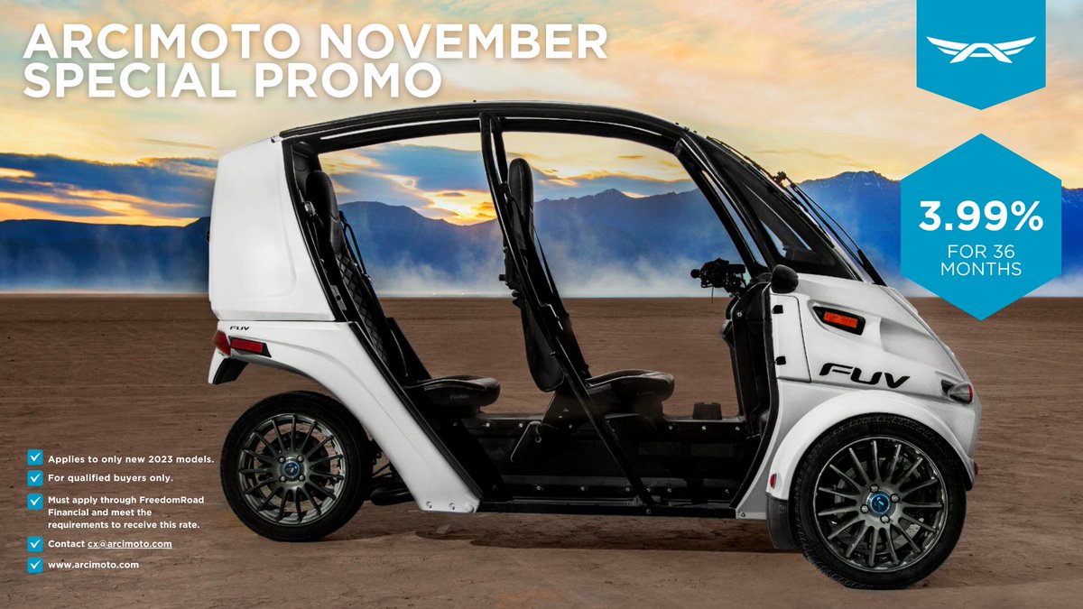 Adventure awaits! 👀 For this month only, enjoy a special interest rate of 3.99% for 36 months when you purchase a new 2023 Arcimoto #FUV! It’s time to elevate your everyday commute. 🚗 Contact cx@arcimoto.com or visit our website! bit.ly/3Quegld $FUV #ElectricVehicle