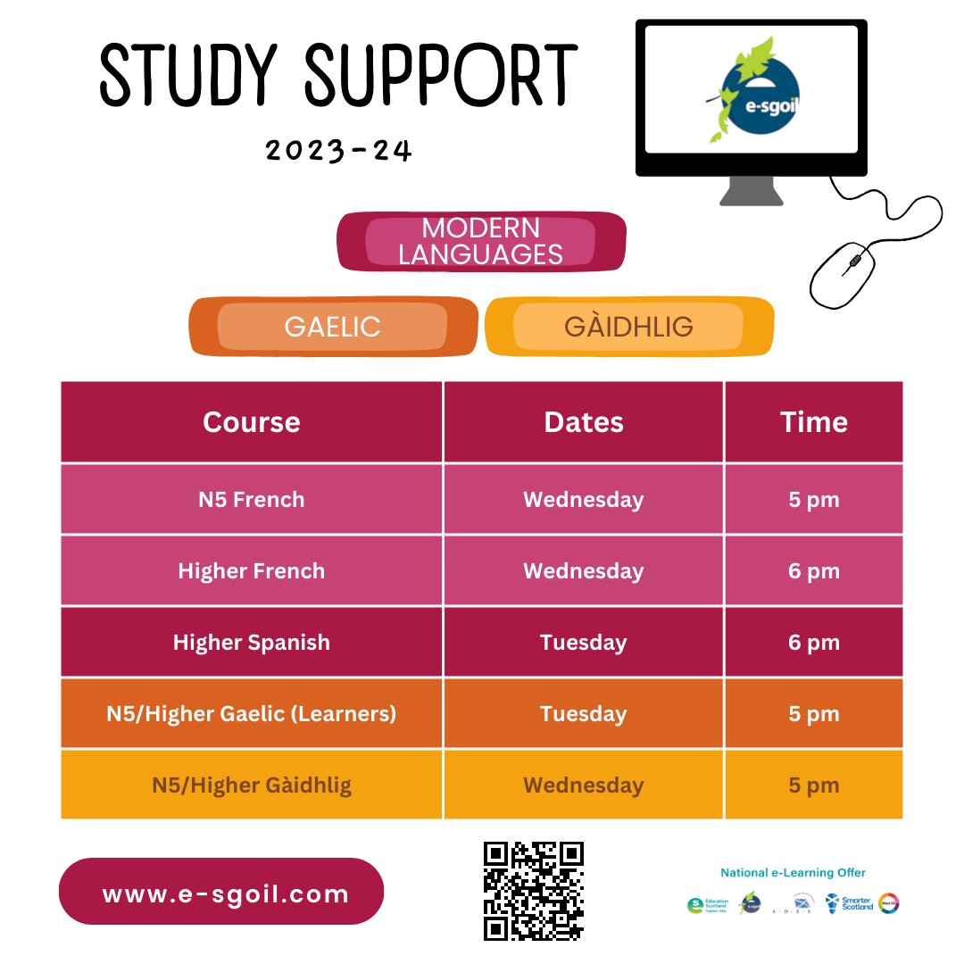 e-Sgoil (@esgoil) on Twitter photo Did you know e-Sgoil offers study support for Senior Phase language learners in French, Spanish & Gaelic/Gaidhlig?
Please feel free to share this handy subject timetable
e-sgoil.com/senior-phase/s…
#NeLO <a href="/EducationScot/">Education Scotland</a> #NeLO <a href="/AllianceLangs/">Northern Alliance Langs</a>
<a href="/scottishcilt/">SCILT</a> <a href="/CnPNaiseanta/">Comann Nam Pàrant</a> Did you know e-Sgoil offers study support for Senior Phase language learners in French, Spanish & Gaelic/Gaidhlig?
Please feel free to share this handy subject timetable
e-sgoil.com/senior-phase/s…
#NeLO <a href="/EducationScot/">Education Scotland</a> #NeLO <a href="/AllianceLangs/">Northern Alliance Langs</a>
<a href="/scottishcilt/">SCILT</a> <a href="/CnPNaiseanta/">Comann Nam Pàrant</a>
