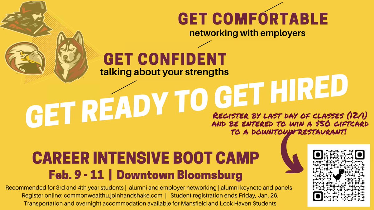 You can sign up for the Spring 2024 Career Intensive Boot Camp NOW!  Do you need to feel better prepared for that next step after graduation? 

Practice networking, resume reviews, mock interviews, and hear from alumni who've "been there" and now have successful careers!