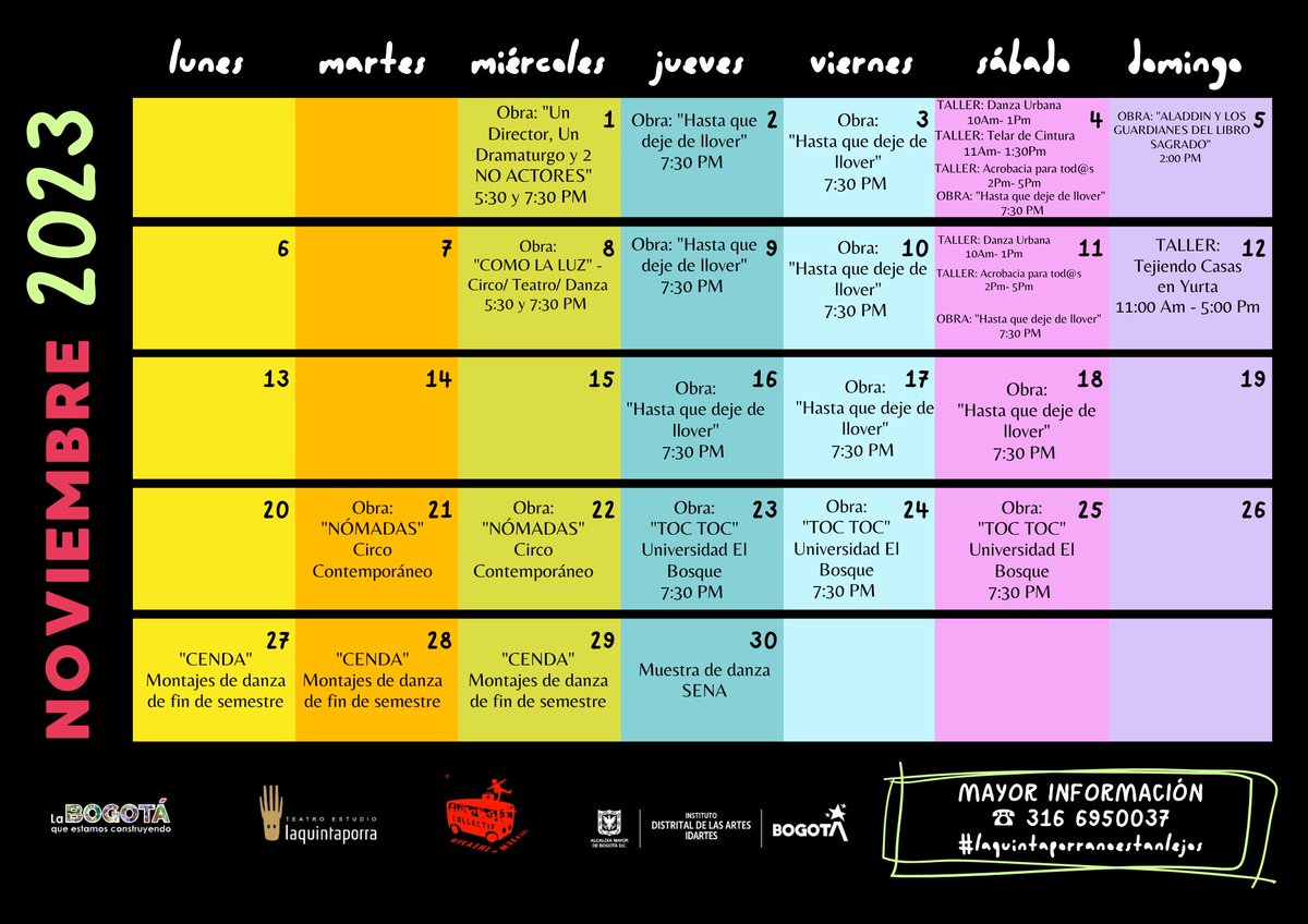 🎭Nuestra programación para que se apunten a vivir el teatro de muchas formas🎭

Con el apoyo del Programa Nacional de Salas Concertadas @Mincultura y el Programa Distrital de Salas Concertadas @Idartes 2023

#laquintaporranoestanlejos