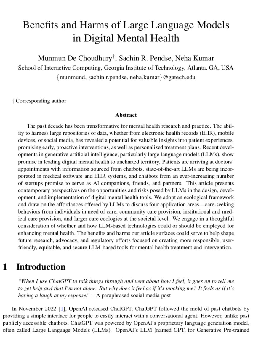 Today, patients are switching to Dr. ChatGPT from Dr. Google and startups are promising LLM-based AI partners. But as they say, with great power comes great responsibility. Is the mental health field ready for LLMs? Our preprint explores this question 1/

osf.io/preprints/psya…