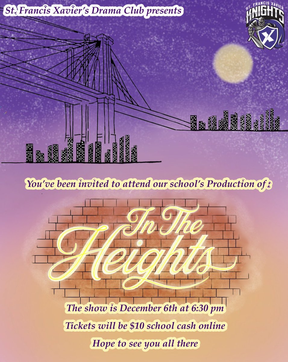 STFX’s Drama Club is putting on the famous Broadway production In The Heights, written by Lin-Manuel Miranda . The show will be on December 6th at 6:30 pm and tickets are now for sale for only $10 on SchoolCash online. Get your tickets now to avoid disappointment