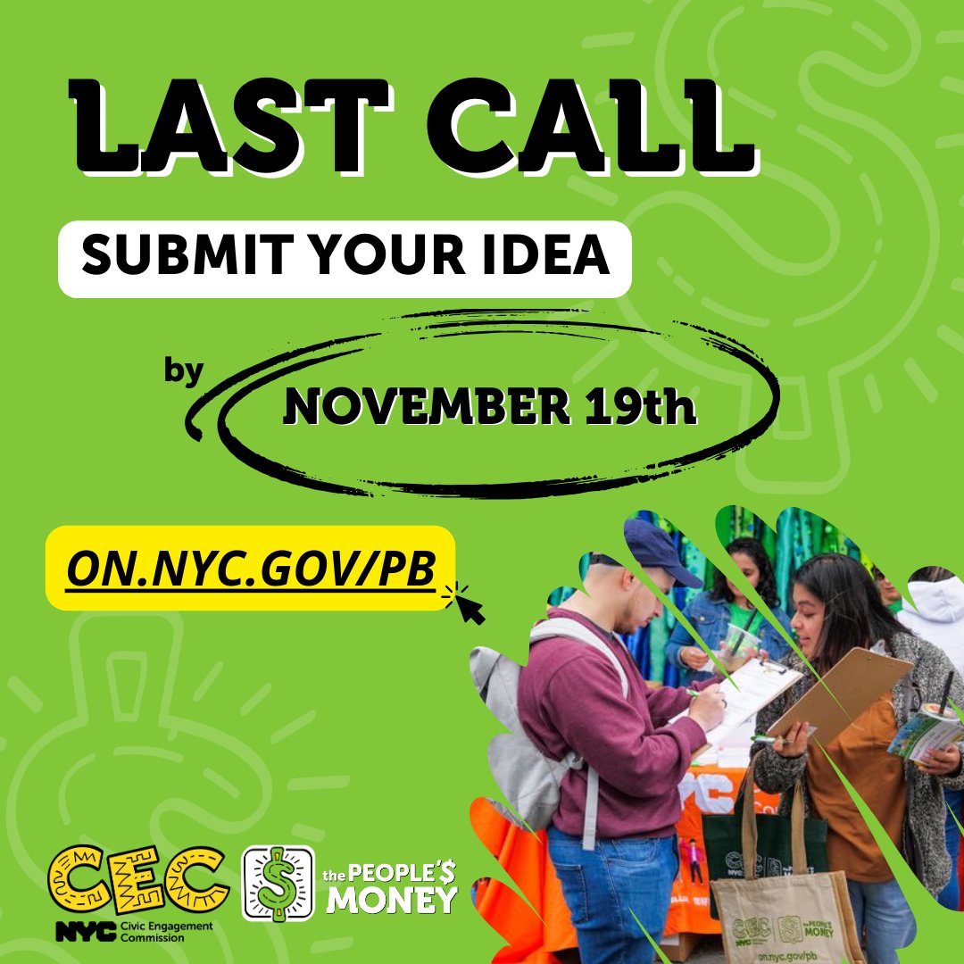 Have you submitted an idea for a project to address needs in your community? 🗽

Sunday, November 19th, is the last day for NYers to share ideas on how to spend #ThePeoplesMoney!💰 You can easily and quickly submit online: on.nyc.gov/pb