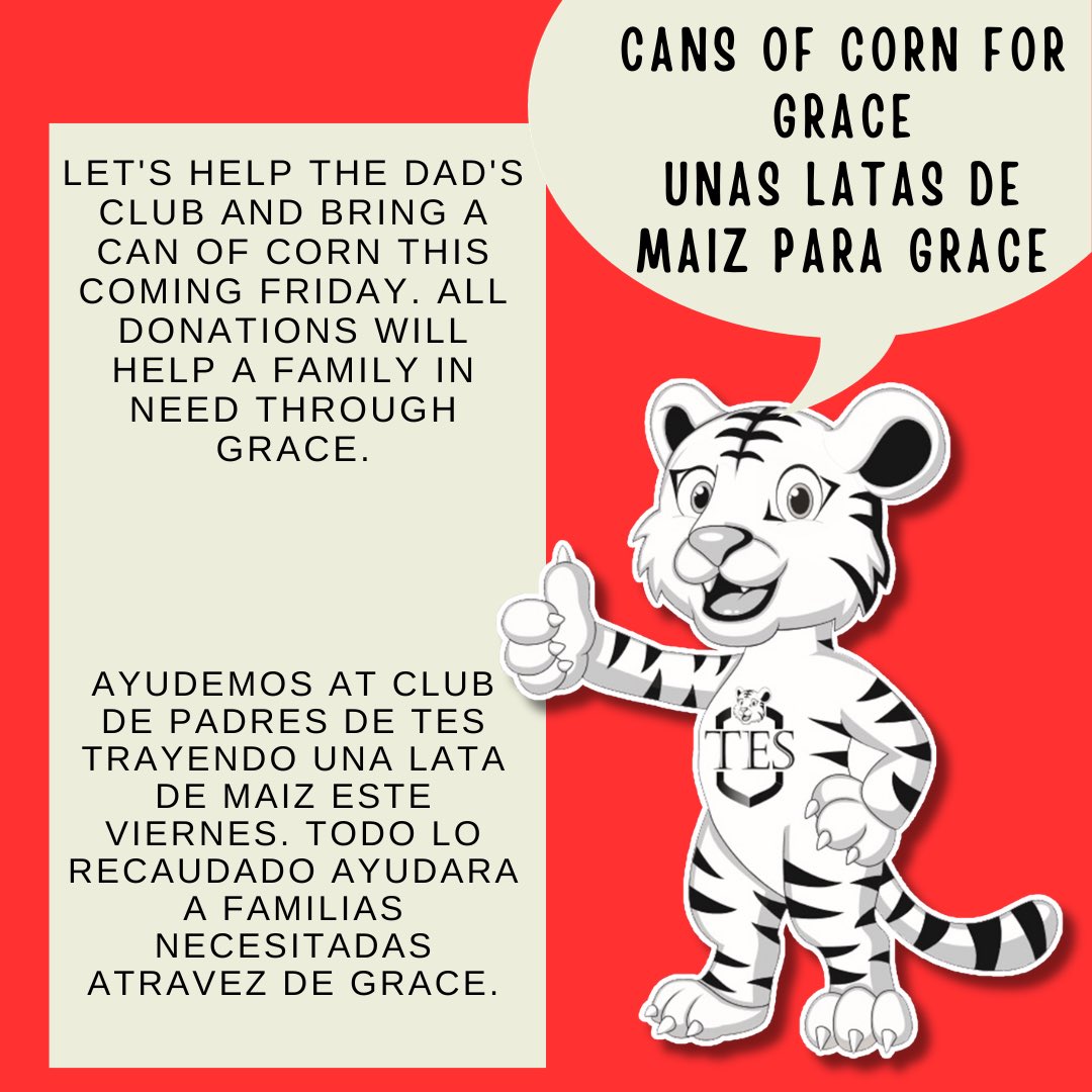 Timberline PTA (@timberlinepta) on Twitter photo Let's help the Dad's Club and bring a can of corn this coming Friday. All donations will help a family in need through GRACE.
Ayudemos at Club de padres de trayendo una lata de maiz este viernes. Todo lo recaudado ayudara a familias necesitadas atravez de GRACE. Let's help the Dad's Club and bring a can of corn this coming Friday. All donations will help a family in need through GRACE.
Ayudemos at Club de padres de trayendo una lata de maiz este viernes. Todo lo recaudado ayudara a familias necesitadas atravez de GRACE.