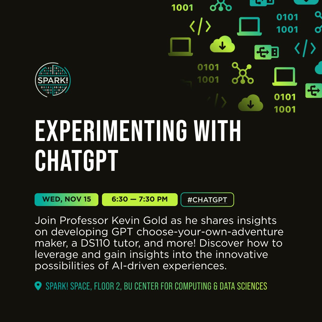 Due to some unforeseen circumstances, the focus of this week’s tech talk will now be all about experimenting with ChatGPT! Learn about creating a GPT choose-your-own-adventure maker, a DS110 tutor, and more. 

RSVP: tinyurl.com/23hcbax2

#ChatGPT #AI #TechTalk #Innovation