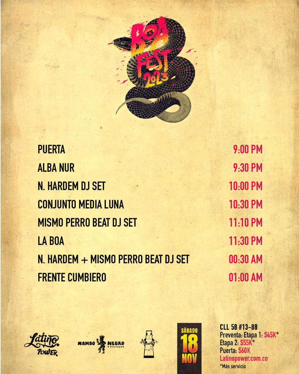 BOGOTÁ 18 de Noviembre, invitación especial a la celebración de la sede de operaciones donde nos encontramos a vivir, grabar y farrerar. En el cartel <a href="/LaBOAOfficial/">La BOA</a> cumpliendo 10 años, @C_MediaLuna poder, la legendaria Alba Nur y en los decks los tesos Mismo Perro y N Hardem.