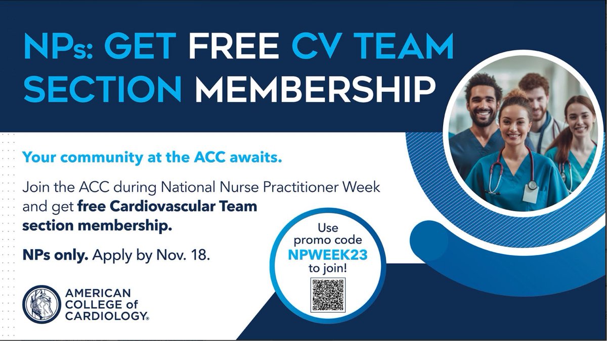 Happy Nurse Practitioner Week! Join the #ACCCVT this week with fees waived! Please reach out to me for more ways to get involved! @ACCinTouch @ACCmediacenter @Andrea_Price317 @heartnpben @DPtheNP @CathieBiga @NPlubdub @AANP_NEWS @PresidentAANP @tricianp @SrihariNaiduMD