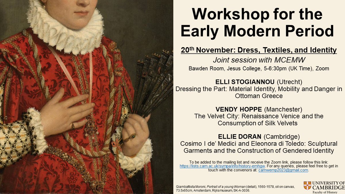 📢EVENT: 20 Nov, DRESS, TEXTILES, IDENTITY

Join us at Jesus College (Bawden Room) or on Zoom (5-6:30pm) for our joint session with @MaterialCam featuring @stelggg (@UniUtrecht), @VendyHoppe (@UoMhistdept), and @Elena_Doran (@CamHistory)

#dresshistorians, #textilehistorians
👇