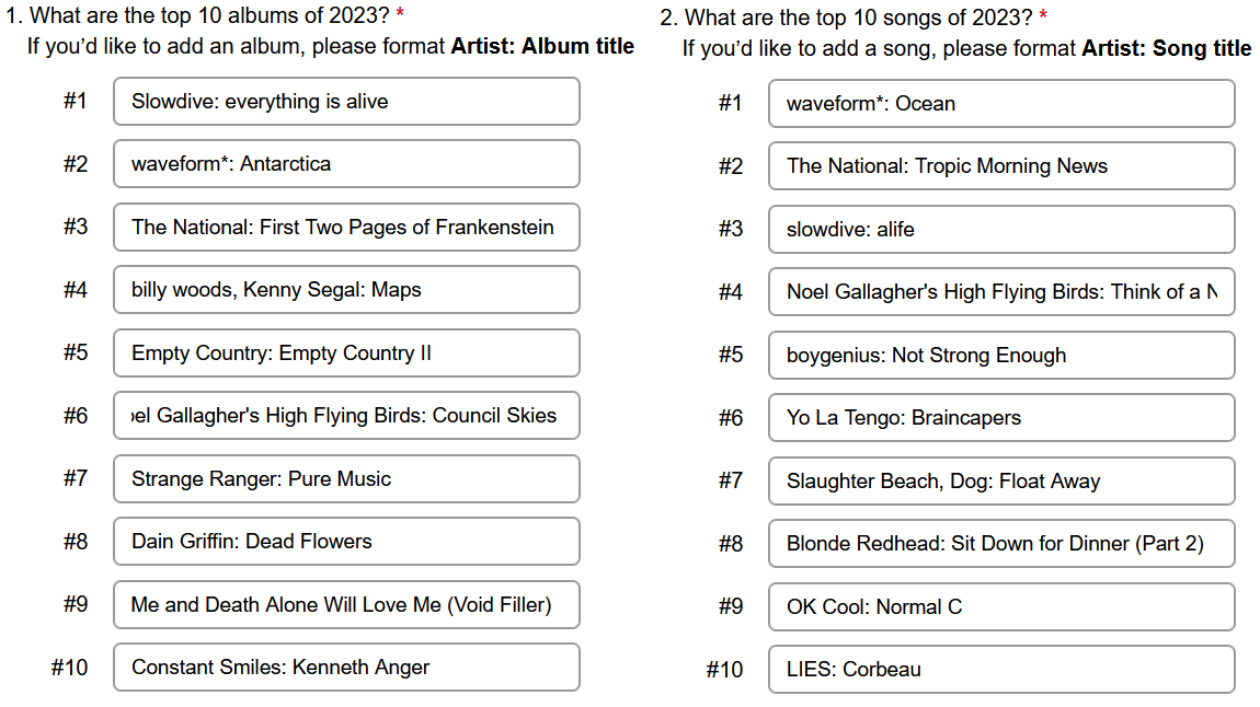 Thank you <a href="/slowdiveband/">Slowdive</a>
@waveformct
<a href="/TheNational/">The National</a>
<a href="/BackwoodzHipHop/">Backwoodz Studioz</a>
<a href="/CountryEmpty/">Empty Country</a>
<a href="/NoelGallagher/">Noel Gallagher</a>
<a href="/strange_rangerr/">Strange Ranger</a>
<a href="/DGcuddleXcore/">Dain Griffin</a>
<a href="/short_fictions/">Short Fictions</a>
<a href="/SacredBones/">Sacred Bones Records</a> (for Constant Smiles)
<a href="/xboygeniusx/">boygenius</a>
<a href="/TheRealYLT/">Yo La Tengo</a>
<a href="/BlondeRedhead/">Blonde Redhead</a>
<a href="/beatsbydog/">Slaughter Beach, Dog</a>
<a href="/LIES_band/">LIES</a>
<a href="/okcoolband/">🆗🆒</a> for the music.