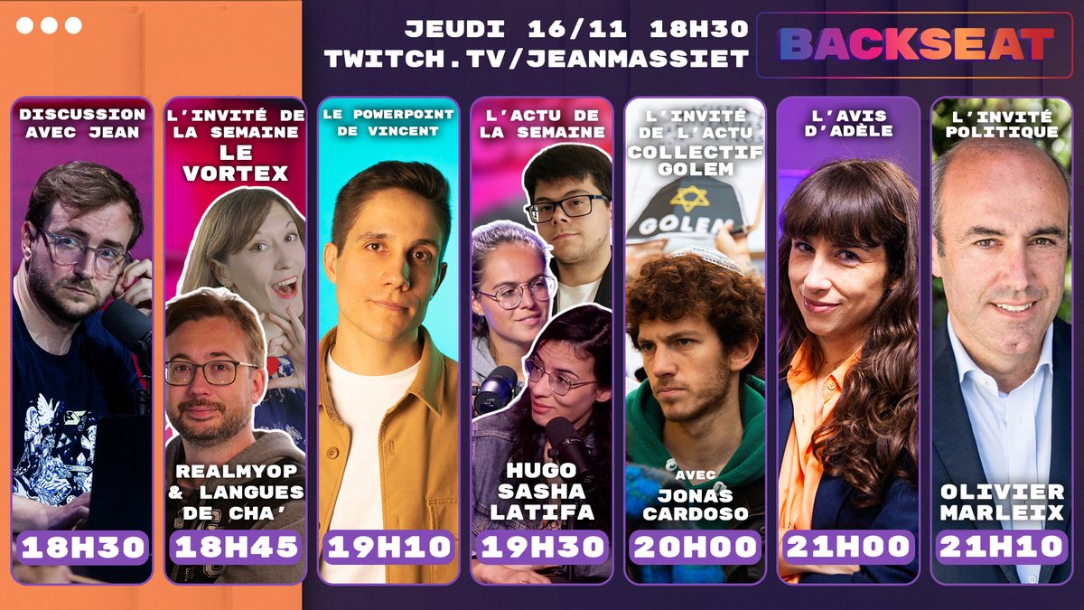 Backseat🎙 (@backseat_fr) on Twitter photo 📣 Au programme de Backseat, demain :
1️⃣ <a href="/JeanMassiet/">Jean Massiet</a> accueille <a href="/RealMyop/">RealMyop</a> et <a href="/LanguesdeCha/">Charlotte Barbier (Les Langues de Cha')</a> pour parler de la nouvelle saison du Vortex 🎙️
2️⃣ L’actu de la semaine avec <a href="/SashaBeckermann/">Sasha Beckermann</a> <a href="/LallaKhr/">Latifa</a> et <a href="/HugoCouturier/">Hugo Couturier</a> ! 📣 Au programme de Backseat, demain :
1️⃣ <a href="/JeanMassiet/">Jean Massiet</a> accueille <a href="/RealMyop/">RealMyop</a> et <a href="/LanguesdeCha/">Charlotte Barbier (Les Langues de Cha')</a> pour parler de la nouvelle saison du Vortex 🎙️
2️⃣ L’actu de la semaine avec <a href="/SashaBeckermann/">Sasha Beckermann</a> <a href="/LallaKhr/">Latifa</a> et <a href="/HugoCouturier/">Hugo Couturier</a> !