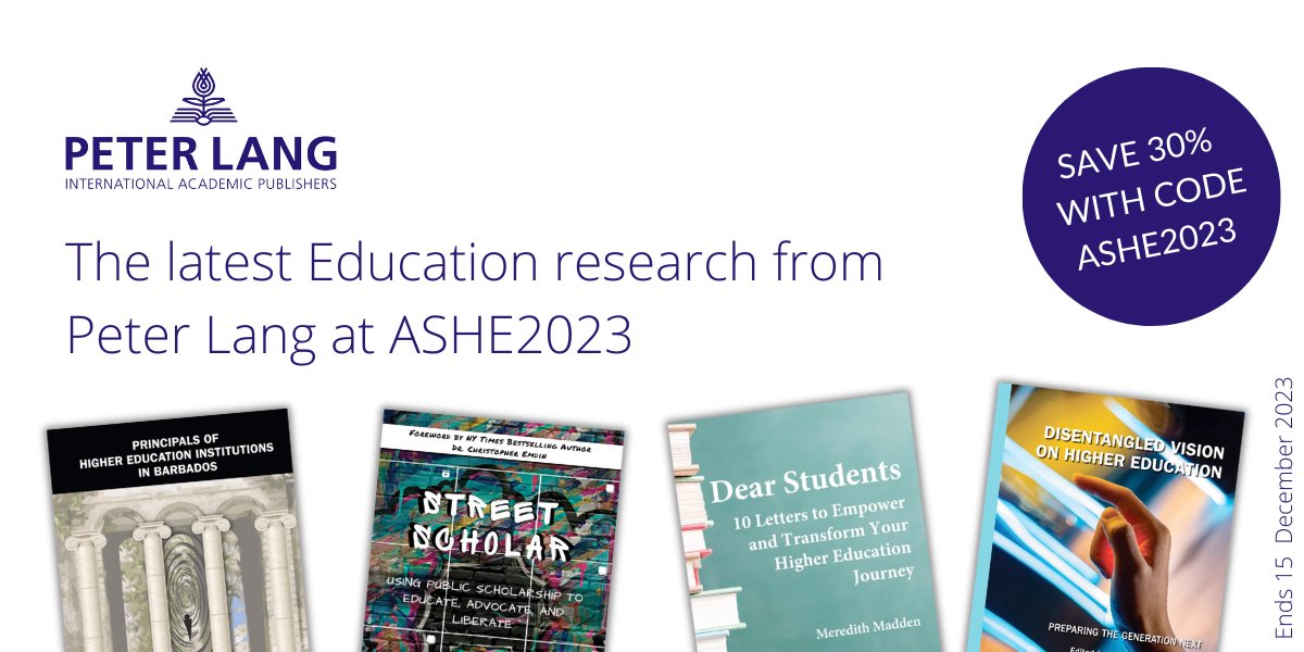 Catch Acquisitions Editor Alison Jefferson at #ASHE2023. She’ll be there with all the latest Peter Lang research on #HigherEducation. You can save 30% off all our #Education titles with code ASHE2023 through December 15 2023.
#PeterLangPublishingUSA