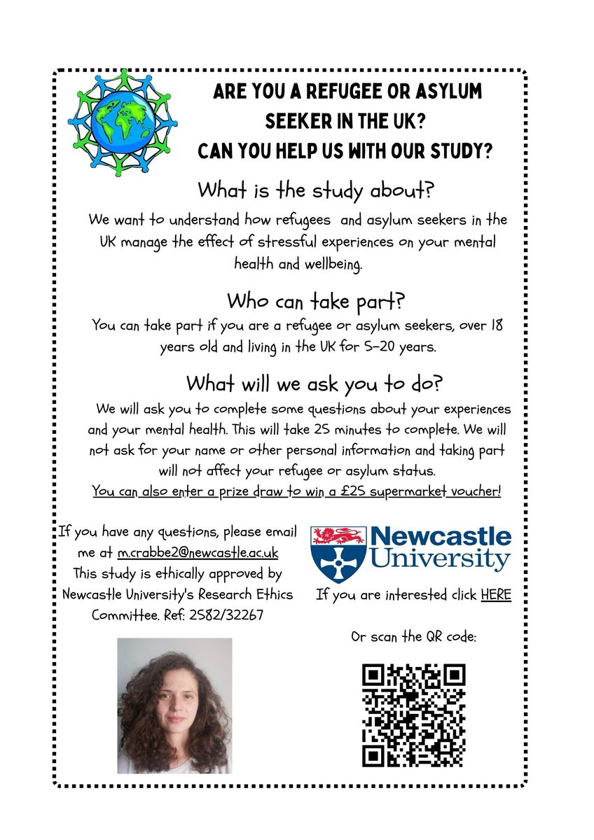 Refugees and asylum seekers in the UK are invited to take part in a study about how stressful experiences impact mental health! For more information and to take part click the link: nclpsych.eu.qualtrics.com/jfe/form/SV_cu…