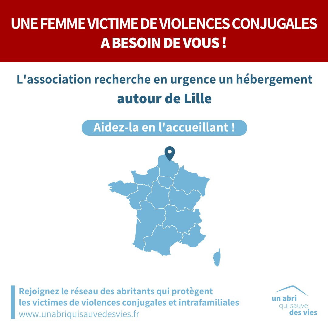⚠️ URGENCE #VIOLENCESCONJUGALES ⚠️

Un abri qui sauve des vies recherche un lieu sûr pour héberger en urgence une femme à 📍 #Lille (59) ou proche. 

Pour l'aider, vous pouvez l'accueillir. La durée est déterminée selon vos disponibilités.

Merci de partager 🙏
