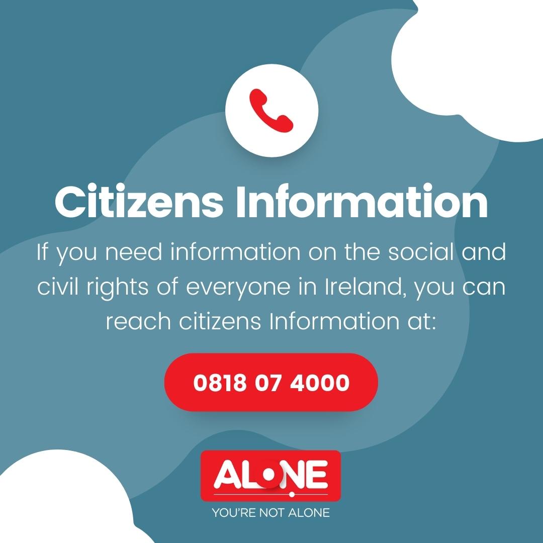 ALONE_IRELAND's tweet image. Citizens Information:
📞 0818 07 4000 (Mon-Fri, 9am-8pm)
At ALONE, we understand the value of crucial phone numbers like Citizens Information. Stay informed. #PracticalSupport #ALONE #YouAreNotAlone