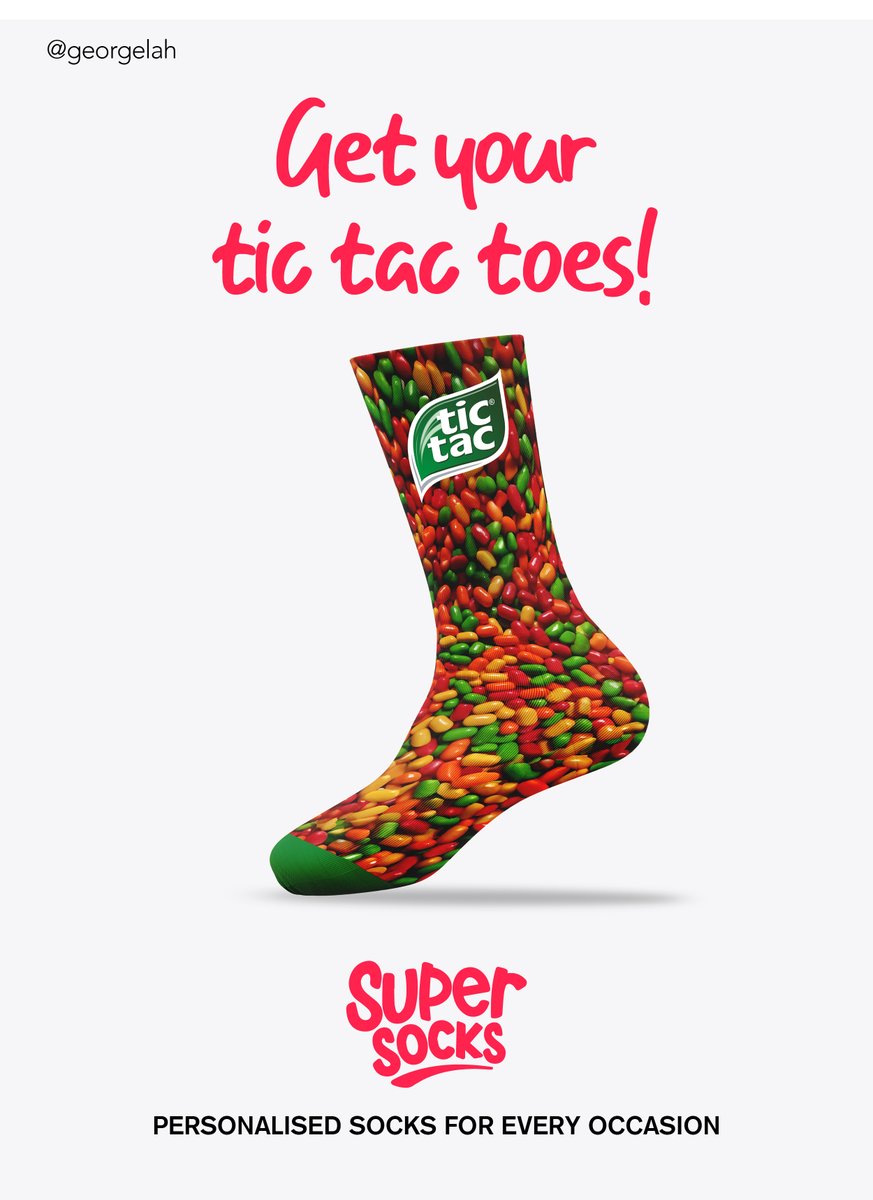 georgelah's tweet photo. Get your tic tac toes! π¦Ά
@OneMinuteBriefs - Brief of the Day: Create posters to advertise #NoveltySocks
#PersonalisedSocks
@supersocks
@tictac https://t.co/7TLBgeZvnD