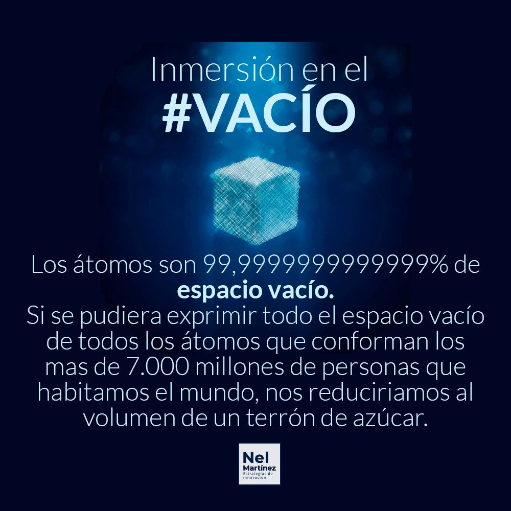Los átomos son 99,9999999999999% de espacio #vacío. 
Si se pudiera exprimir todo el espacio #vacío de  los átomos que conforman los mas de 7.000 millones de personas que habitamos el mundo, nos reduciriamos al volumen de un terrón de azúcar. #Innovacío