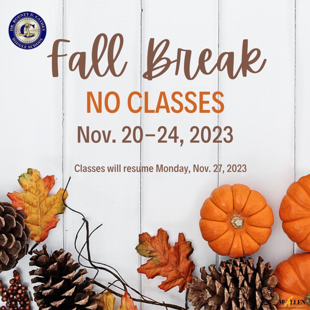 cobras047's tweet image. 🍂 Fall Break Alert! 🍁 Enjoy some well-deserved downtime from Nov. 20-24. Classes resume on Nov. 27. 📚✨ #FallBreak #TimeToRelax