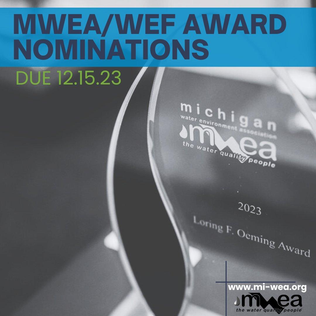 We are just one month away from the MWEA/WEF Award Submission deadline on December 15th, 2023. If you or someone you know has made significant contributions to the field of water and wastewater, don't miss this opportunity to be recognized for your hard work and dedication.