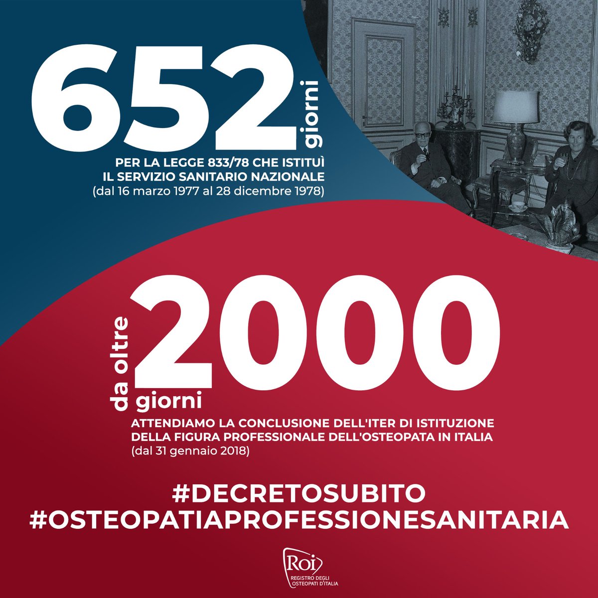 Lo sapevi che ci sono voluti 652 giorni per varare in Italia la legge sul Servizio Sanitario Nazionale?
#Osteopati e cittadini invece attendono da oltre 2000 giorni che la Legge 3/2018 venga attuata!
Firma anche tu bit.ly/PetizioneOsteo…
#osteopatiaprofessionesanitaria