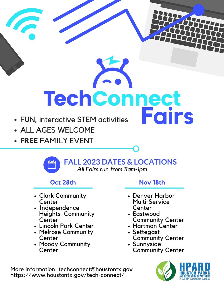 Vecinos! This weekend #TechConnect is comming to our neighborhood! Thanks to @Karla4Houston for addressing digital equity in our City #DistrictI Great collaboration w @HPARD & @cohmoedu 🌳Hartman Park 📍9311 E. Avenue P, 77012 ⏰11:00 am- 1:00pm houstontx.gov/tech-connect/