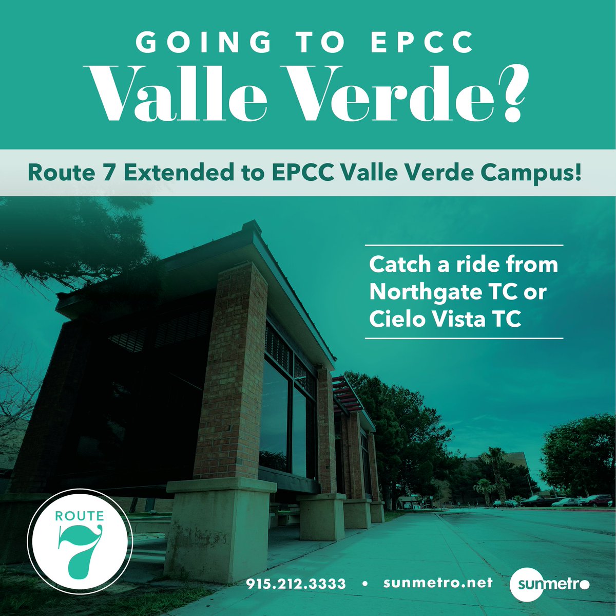 SunMetro's tweet photo. Going to EPCC Valle Verde Campus? Route 7 can get you there! Catch a ride from Northgate TC or Cielo Vista TC.
For route info view the map here: https://t.co/k3dh2di32M
For more info call 915-212-3333
#SunMetro #ValleVerde #EPCC #EPCCpride #SunCity #EPTX #NewRoute #Route7 https://t.co/cNy9MPaMBJ
