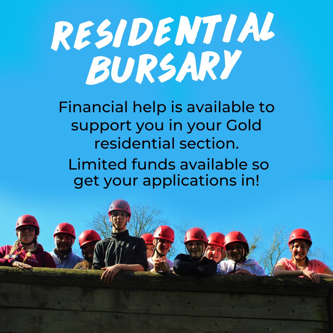 Residential Bursary! Financial help is available to support you in your Gold residential section. Limited funds available so get your applications in. Head over to our website for more information- dofe.org/notice-board/w…