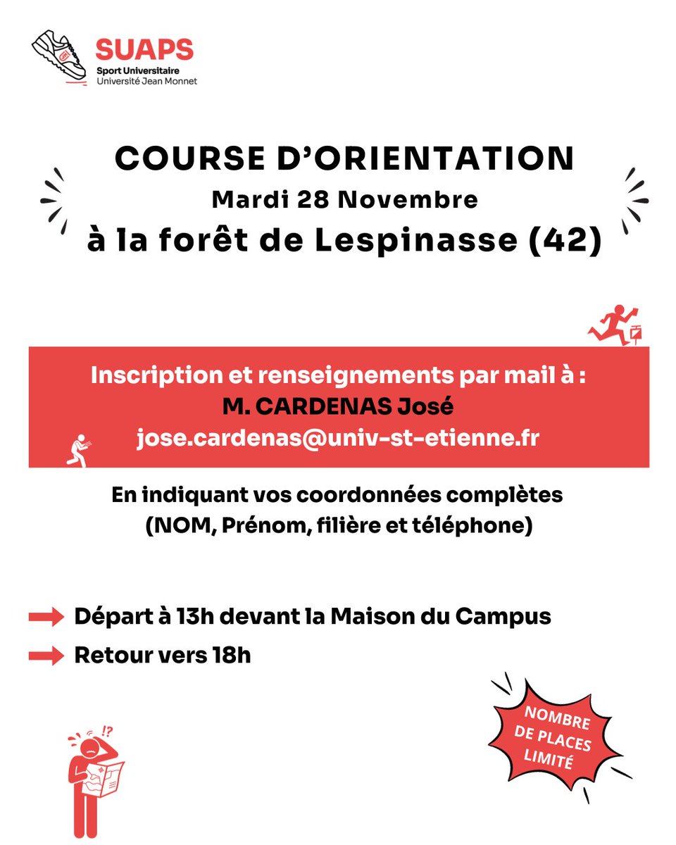 SUAPS ROANNE : Participez à la course d'orientation du mardi 28 novembre !
Chaussez vos baskets et partez à la découverte de la forêt de Lespinasse !
