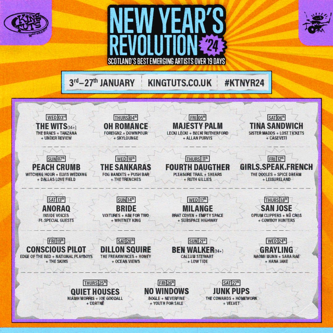 💛 KING TUTS 💛

We absolutely can’t wait to kick off 2024 with the opening slot at King Tuts New Years Revolution!
On the 3rd of January we will be returning for another headliner, joined by three class acts in <a href="/TheBraes2019/">The Braes</a>, <a href="/tanzanaband/">Tanzanaband</a> and @Real_UR_Band 👊🏻