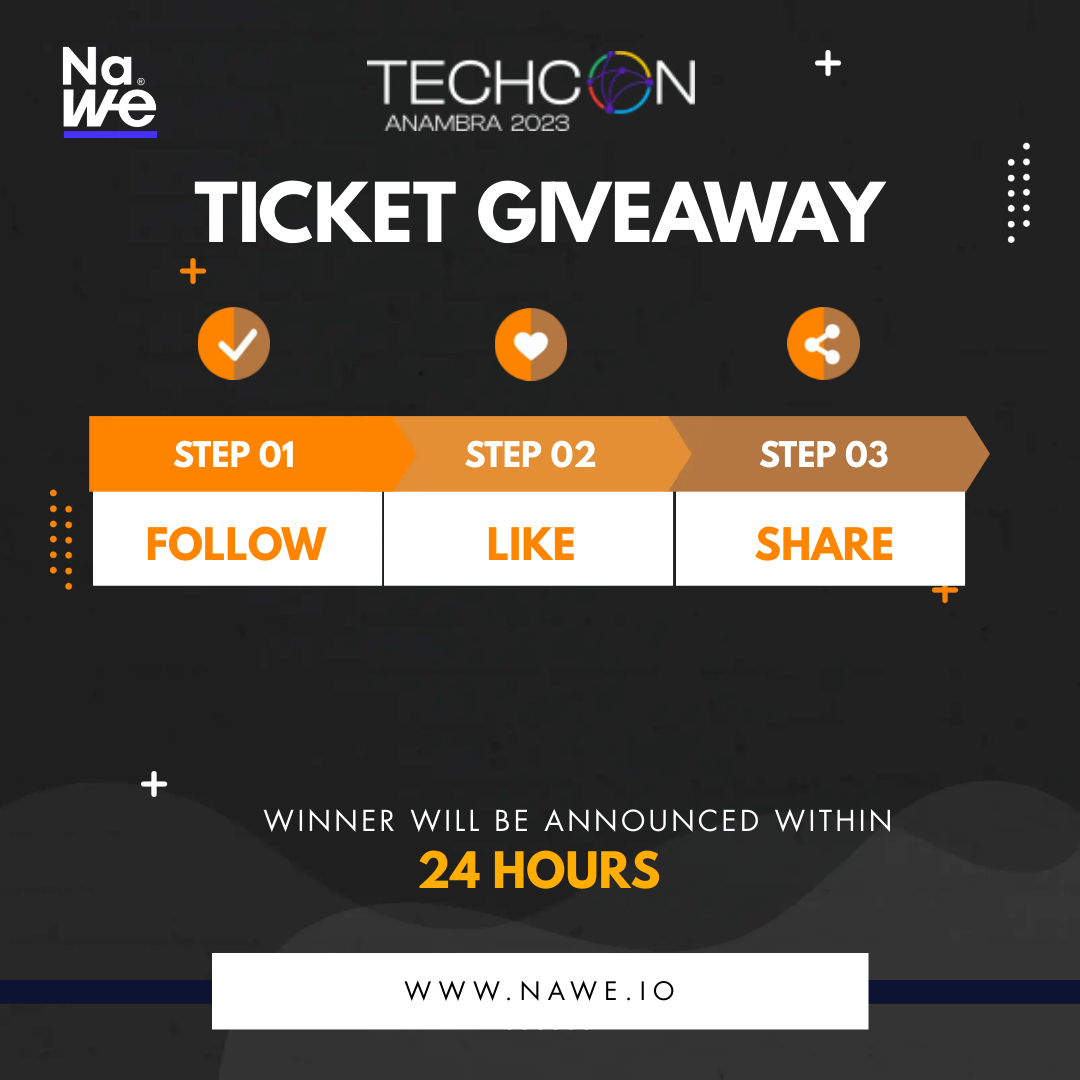 Exciting news! nawe.io is thrilled to announce a ticket giveaway for Techcon Anambra 2023 event! .

To qualify You must reside in Anambra  Be ready to join the conference in person. Join us 👇 
Hurry, only 10 slots available
#Techcon23 #naweio #naweschools