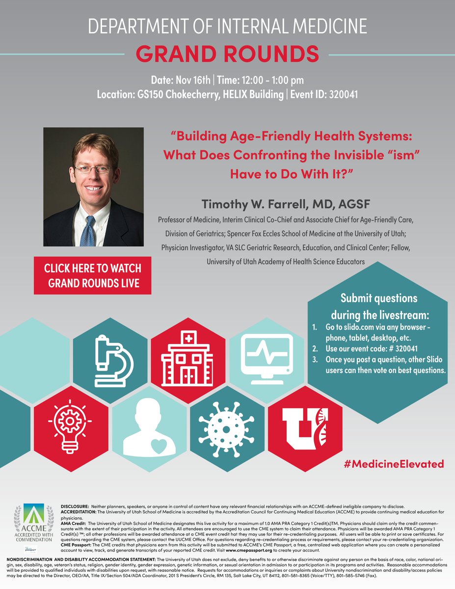 Join us for Grand Rounds tomorrow! 'Building Age-Friendly Health Systems: What Does Confronting the Invisible 'ism' Have to Do With It?' presented by Timothy Farrell, MD, AGSF. 📚 #GrandRounds #Geriatrics #MedicineElevated