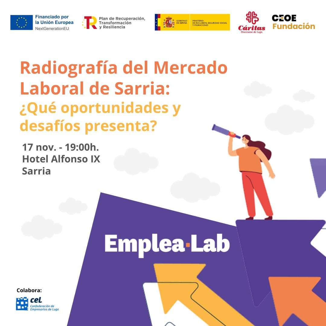 Este viernes celebramos en Sarria la Mesa Redonda “RADIOGRAFÍA DEL MERCADO LABORAL EN SARRIA:

¿Qué Oportunidades y Desafíos Presenta?”

Para asistir, inscríbete en:  n9.cl/emplealab

Consulta el programa completo en: caritaslugo.es/mesa-redonda-r…

#emplealab #NextGenerationEU