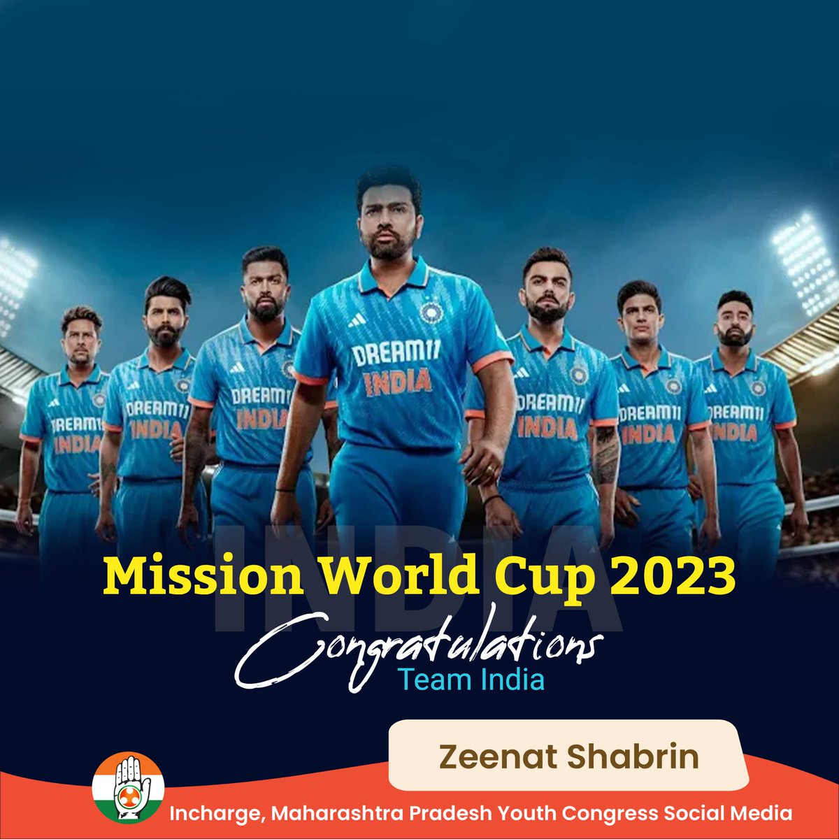 'Victory roars louder than the crowd. Congratulations to Team India on a stellar performance in the ODI World Cup semi-final! 🏏🇮🇳 #CricketGlory #TeamIndia'