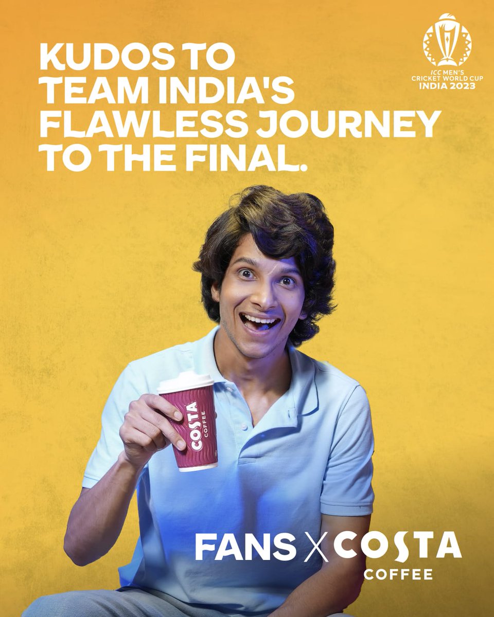 We're just one match away from lifting the world cup again. Fans, do your thing !!!!

#MenInBlue #CWC23 #INDvsNED #FansXCostaCoffee #ICCWorldCup #CricketWorldCup2023 #Coffee #CoffeeFans #Cricket #CostaCoffee #CostaCoffeeIndia #IndvsNz #10on10